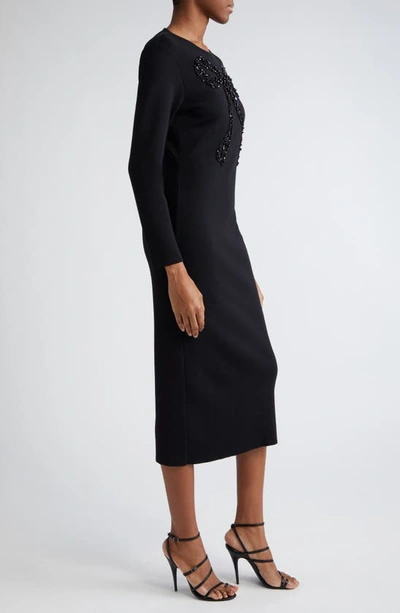 Shop Carolina Herrera Beaded Bow Long Sleeve Wool Blend Sweater Dress In Black