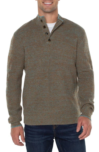 Liverpool Los Angeles Button Mock Neck Marled Sweater In Caramel Multi