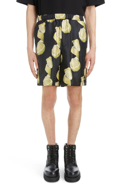 Shop Givenchy Formal Lemon Print Elastic Waist Silk Shorts In Black/ Yellow