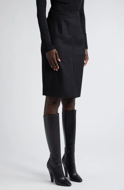 Shop Saint Laurent Metallic Pinstripe Wool Blend Skirt In Noir/ Argent