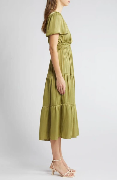Shop Zoe And Claire Split Neck Tiered Midi Dress In Light Olive