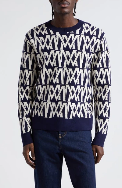 Shop Moncler Logo Jacquard Crewneck Sweater In Print M Allover White/ Navy