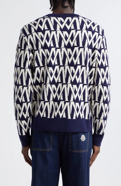 Shop Moncler Logo Jacquard Crewneck Sweater In Print M Allover White/ Navy