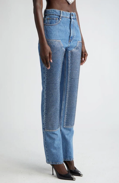 Shop Area Crystal Embellished High Waist Straight Leg Jeans In Medium Indigo