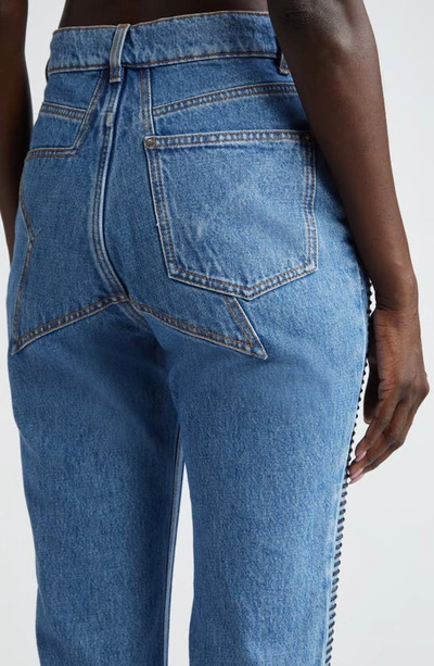 Shop Area Crystal Embellished High Waist Straight Leg Jeans In Medium Indigo