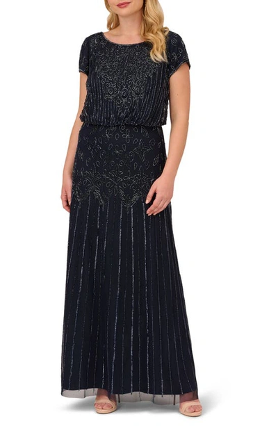 Shop Adrianna Papell Beaded Blouson Gown In Navy
