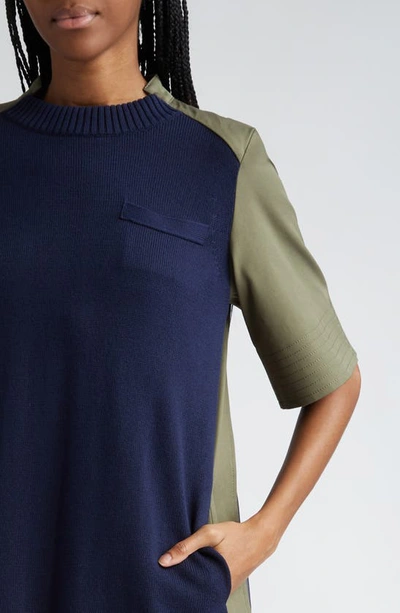 Shop Sacai Cotton Gabardine & Sweater Knit Hybrid Dress In Navy X Khaki