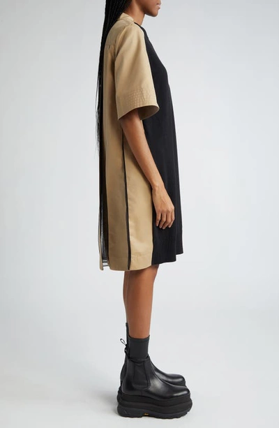 Shop Sacai Cotton Gabardine & Sweater Knit Hybrid Dress In Black X Beige