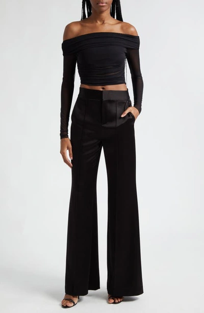 Alice And Olivia Dylan High Waisted Wide Leg Pants In Black Satin Waistband In Black