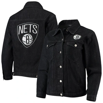 Shop The Wild Collective Black Brooklyn Nets Patch Denim Button-up Jacket