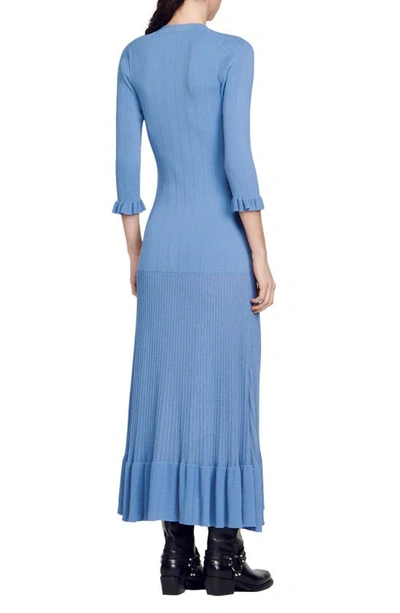 Shop Sandro Lilwenn Ruffle Hem Rib Sweater Dress In Blue