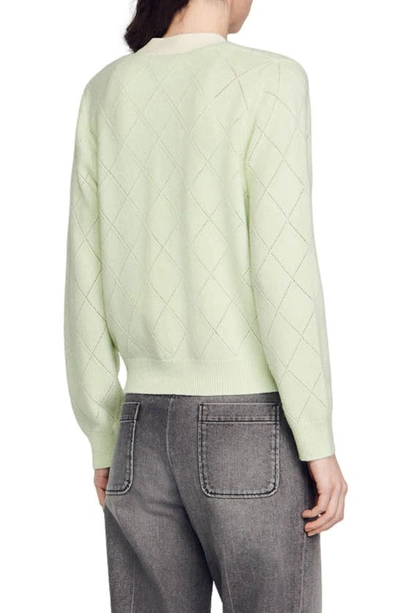Shop Sandro Almon Pointelle Pattern Wool & Cashmere Blend Cardigan In Vert Amande