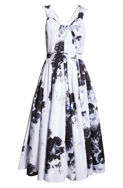 Alexander Mcqueen Womens Ink Floral-print Sweetheart-neck Cotton Midi Dress In Ink