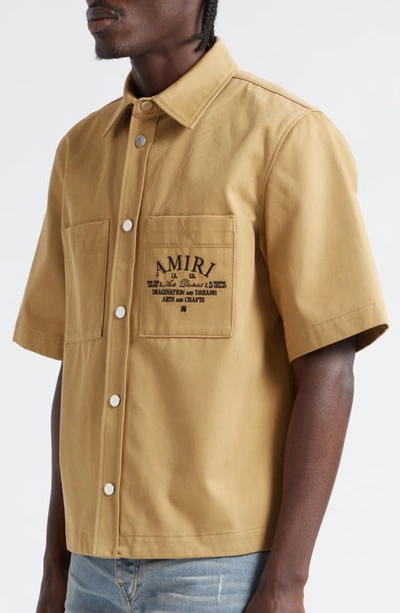 Shop Amiri Arts District Embroidered Cotton Camp Shirt In Sepia Tint