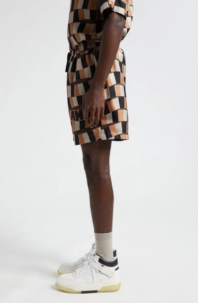 Shop Amiri Snake Checkerboard Silk Shorts In Brown