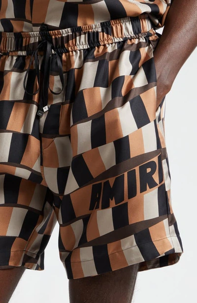 Shop Amiri Snake Checkerboard Silk Shorts In Brown