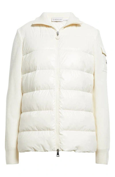 Shop Moncler Quilted Nylon & Wool Knit Cardigan In White