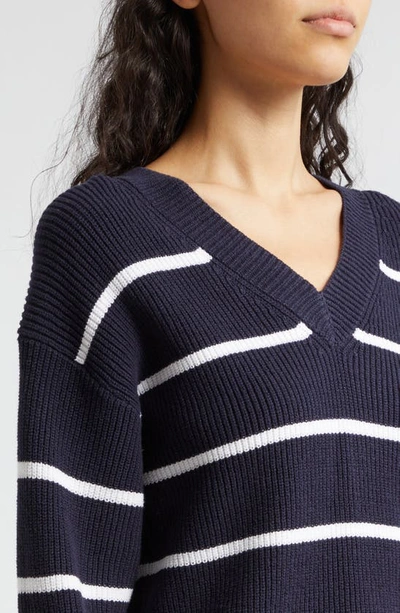 Shop Vince Stripe V-neck Cotton Blend Sweater In Coastal/ Optic White