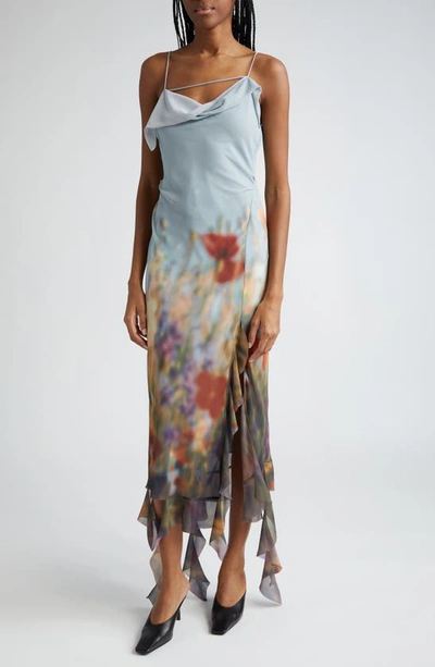 Shop Acne Studios Delouise Blurry Meadow Chiffon Dress In Dusty Blue