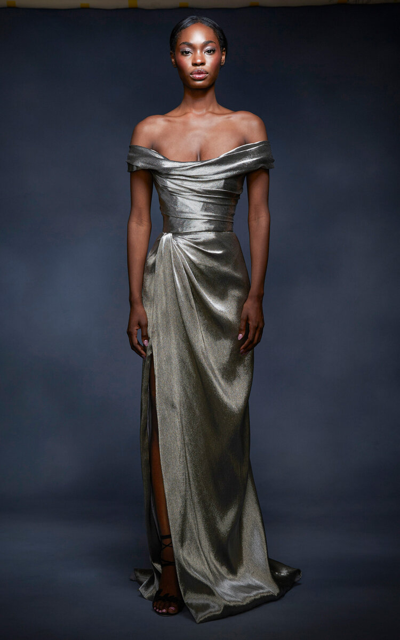 Shop Marchesa Draped Off-the-shoulder Corset Gown In Grey