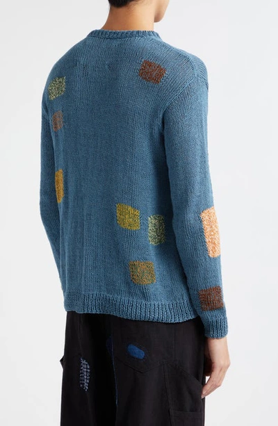 Shop Story Mfg. Spinning Embroidered Patchwork Organic Cotton Crewneck Sweater In Blue Darn-knit