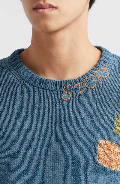 Shop Story Mfg. Spinning Embroidered Patchwork Organic Cotton Crewneck Sweater In Blue Darn-knit