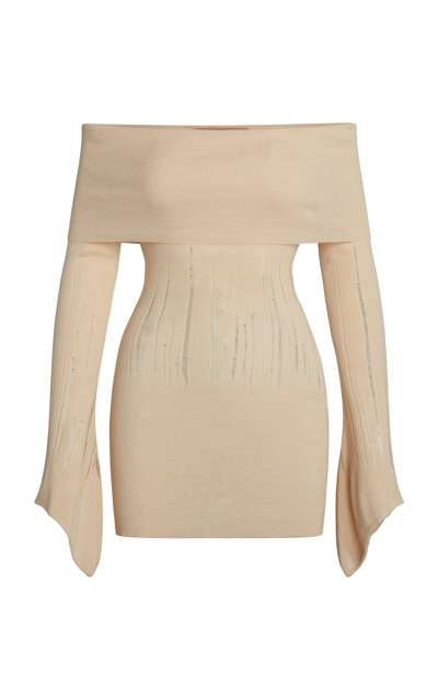Shop Aya Muse Deva Distressed Silk-linen Off-the-shoulder Mini Dress In Ivory