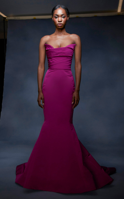 Shop Marchesa Corset Crepe Gown In Berry