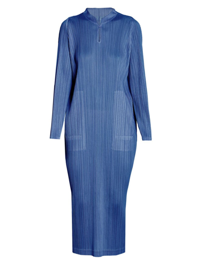 Shop Issey Miyake Women's January Pleated Long-sleeve Midi-dress In Blue