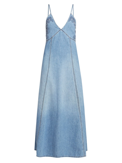 Shop Chloé Women's Floral-embroidered Denim Maxi Dress In Foggy Blue