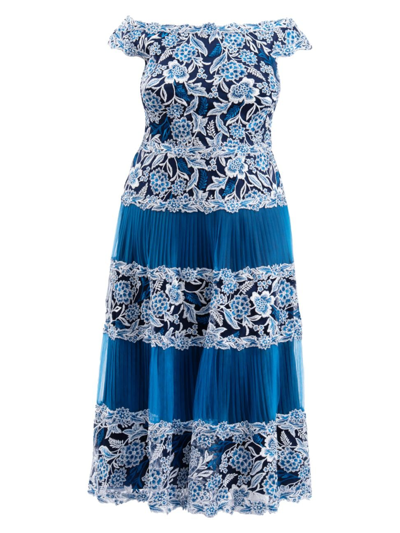 Shop Tadashi Shoji Women's Off-the-shoulder Embroidered Midi-dress In Pacific Blue