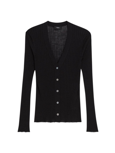 Shop Theory Women's Wide-ribbed Wool Cardigan In Black