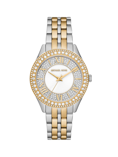Shop Michael Kors Women's Harlowe Two-tone Stainless Steel & Cubic Zirconia Bracelet Watch/38mm In Gold