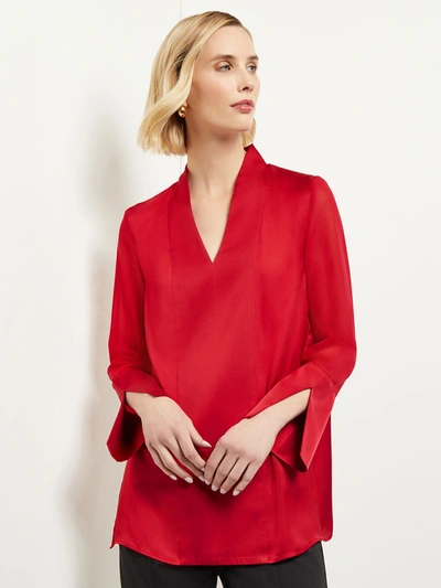 Shop Misook Slit Cuff Long Sleeve Crepe De Chine Blouse In Red