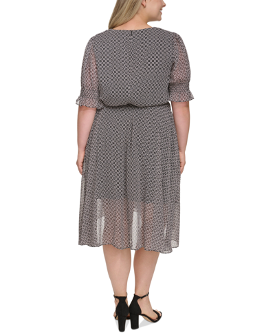 Shop Tommy Hilfiger Plus Size Printed Smocked-sleeve Midi Dress In Bk,bllrna