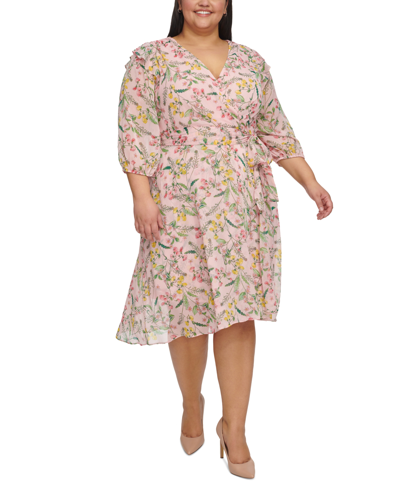 Shop Tommy Hilfiger Plus Size Floral Chiffon 3/4-sleeve Midi Dress In Balrna Pnk