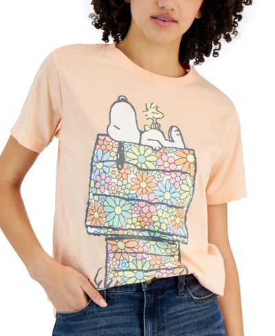 Shop Grayson Threads, The Label Juniors' Snoopy Flower House Graphic-print T-shirt In Peach