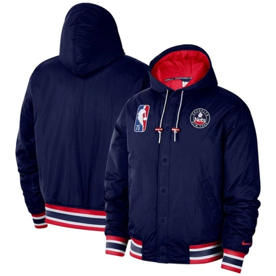 Shop Nike Navy Brooklyn Nets 2021/22 City Edition Courtside Hooded Full-zip Bomber Jacket