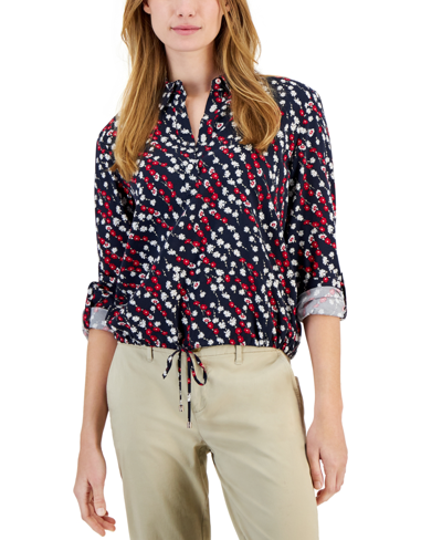 Shop Tommy Hilfiger Women's Ditsy Floral Printed Tie-hem Shirt In Sky Captain Multi