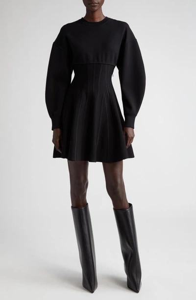 Shop Alexander Mcqueen Lantern Sleeve Corset Detail Wool Blend Minidress In 1000 Black