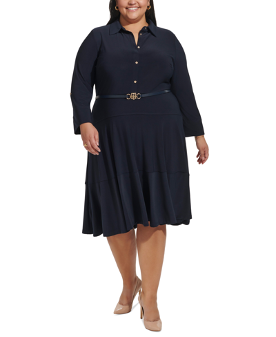 Shop Tommy Hilfiger Plus Size 3/4-sleeve Belted Midi Dress In Sky Capt