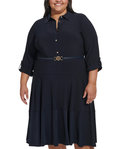 Shop Tommy Hilfiger Plus Size 3/4-sleeve Belted Midi Dress In Sky Capt
