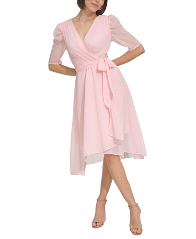 Shop Tommy Hilfiger Glitter-dot Puff-sleeve Midi Dress In Ballerina Pink