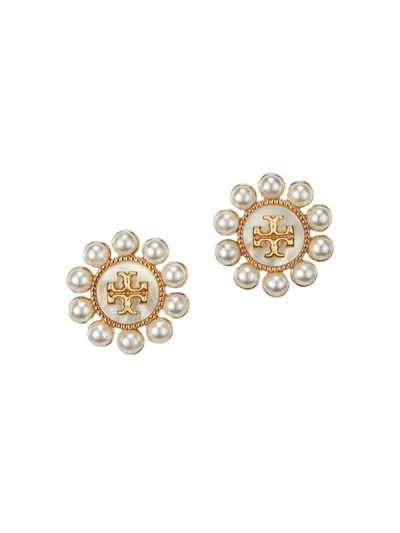 Shop Tory Burch Women's Kira 18k-gold-plated, Mother-of-pearl & Imitation Pearl Logo Stud Earrings In Tory Gold Cream