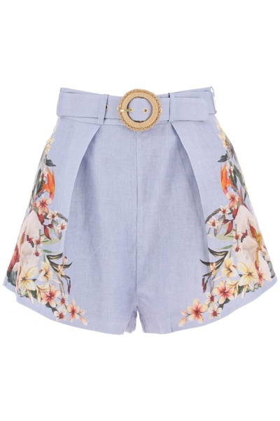 Shop Zimmermann Lexi Tuck Linen Shorts With Floral Motif In Light Blue