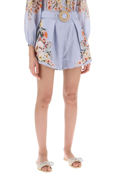 Shop Zimmermann Lexi Tuck Linen Shorts With Floral Motif In Light Blue