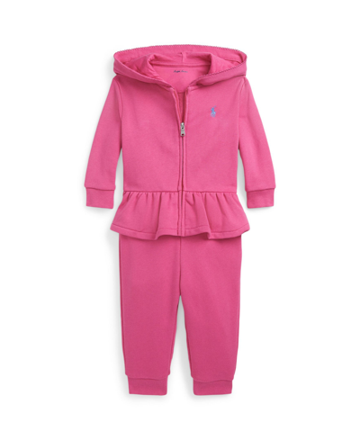 Shop Polo Ralph Lauren Baby Girls Terry Full Zip Hoodie And Jogger Pants Set In Belmont Pink