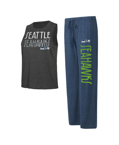 Concepts Sport Women's  Navy, Charcoal Distressed Seattle Seahawks Muscle Tank Top And Pants Lounge S In Navy,charcoal