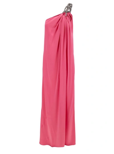 Shop Stella Mccartney Pink One-shoulder Maxi Dress With Crystal Chain In Double Satin Woman In Fuxia