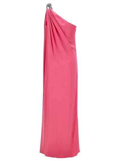 Shop Stella Mccartney Pink One-shoulder Maxi Dress With Crystal Chain In Double Satin Woman In Fuxia